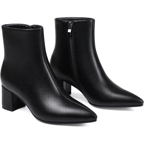 〽️Women's Black Ankle Pointed Toe Chunky Block Heel Low Heeled Booties - Picture 3 of 9